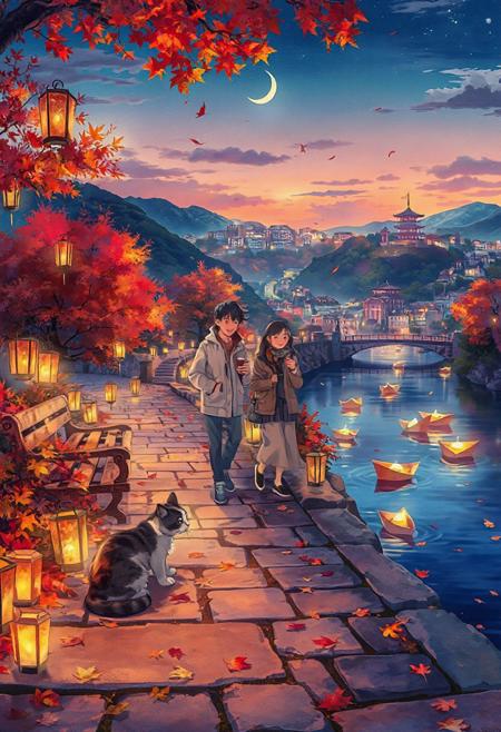 Vertical 9:16 cinematic anime scene, ultra-detailed 4K, watercolor-inspired cel shading, vibrant autumn palette with rich oranges, golds, and deep purples.
Foreground: stone pathway lined with glowing paper lanterns, scattered fallen maple leaves in bright red and amber; a cat curled up on a carved wooden bench.
Mid-foreground: two friends in light jackets walking side by side, laughing quietly; one holding a warm drink, the other pointing toward the horizon.
Midground: gently flowing river reflecting autumn lights, lined by trees in full color; floating leaf boats lit with tiny candles drifting on the water.
Background: softly glowing town on a hillside, warm window lights twinkling; silhouette of a temple on a distant ridge.
Sky: deep twilight transitioning to starry night, crescent moon rising behind drifting clouds, sky brushed in watercolor gradients.
Floating dust and faint golden particles in the air, soft lens bloom, vivid but soft tones — scene layered front to back for depth and emotional motion.