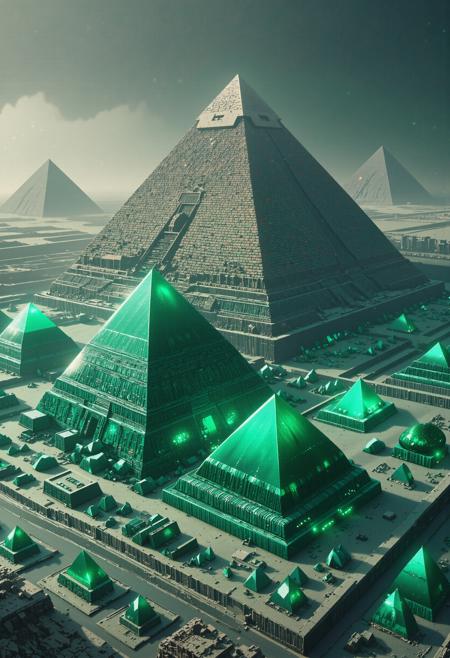 (by Cristian Mungiu:0.7) , masterpiece inktober drawing, dramatic Unity Engine of an insane details, ("The emeraldmorphï¼ , emeraldmorph, egyptian pyramids, pharaohs, details, surrealism of Crushing":1.3) , dark black cityscape and fauna, Foggy, Wide view, Ultrarealistic, Fantasy, Impasto, chiaroscuro lighting, 800mm lens, Hypersaturated, multidimensional, bold lettering, High quality, lots of details, macabre, science fiction, epic