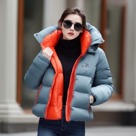 1girl, down Jacket, puff, fashionable style, Casual style, octane render, Exquisite facial features, Fashion, 150 mm, beautiful studio soft light, rim light, vibrant details, hyperrealistic, elegant, beautiful background, 8k, best quality, 