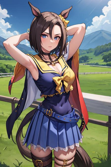 masterpiece, best quality, solo, 1girl, airgroove, expressionless, looking at viewer, arm behind head, horse ears, ear bow, two-tone shirt, shoulder cutout, sailor collar, bow, cape, blue skirt, thigh strap, single thighhigh, horse tail, cleavage, outdoors, scenery <lora:umamusume_airgroove-10:1>