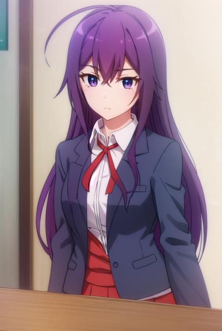 karenkannazuki, <lora:karen kannazuki s2-lora-nochekaiser:1>,
karen kannazuki, long hair, (purple eyes:1.1), purple hair, ahoge,
BREAK skirt, school uniform, blazer, (red blazer:1.5), shirt, white shirt, collared shirt, ribbon, blue ribbon,
BREAK indoors, classroom,
BREAK looking at viewer,
BREAK <lyco:GoodHands-beta2:1>, (masterpiece:1.2), best quality, high resolution, unity 8k wallpaper, (illustration:0.8), (beautiful detailed eyes:1.6), extremely detailed face, perfect lighting, extremely detailed CG, (perfect hands, perfect anatomy),