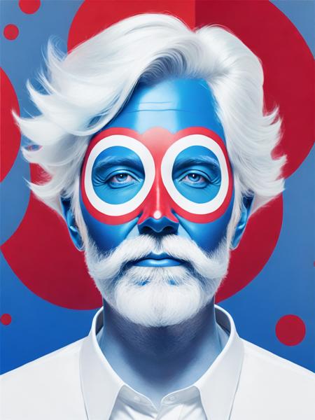 <lora:AlejandroJodorowsky:1>a man with white hair and a face painted like a man with red and blue circles on his face by Alejandro Jodorowsky