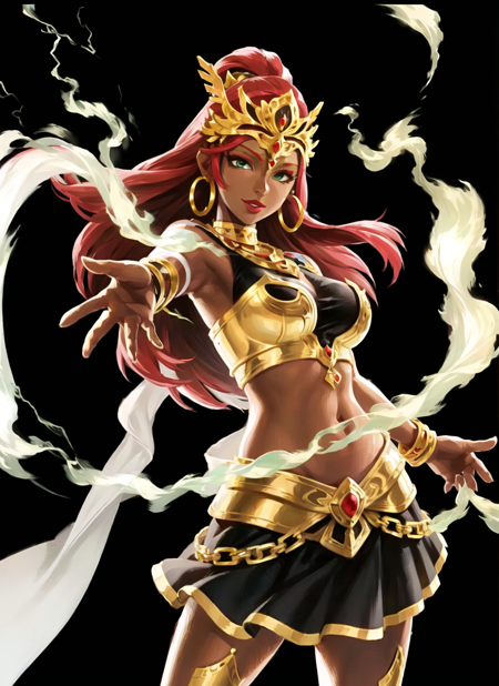 1girl, arm up, armor, black skirt, blue lips, bracelet, breasts, circlet, crop top, dark-skinned female, dark skin, earrings, electricity, upper body, gerudo, gold, green eyes, hair pulled back, hand up, headpiece,  hoop earrings, jewelry, lipstick, long hair, looking at viewer, low-tied long hair, makeup, navel, necklace, outstretched arm, parted lips, red hair, scimitar, sheath, shoulder armor, simple background, skirt, solo, stomach, toned, ((masterpiece)), 
<lora:tloz_offset:1>