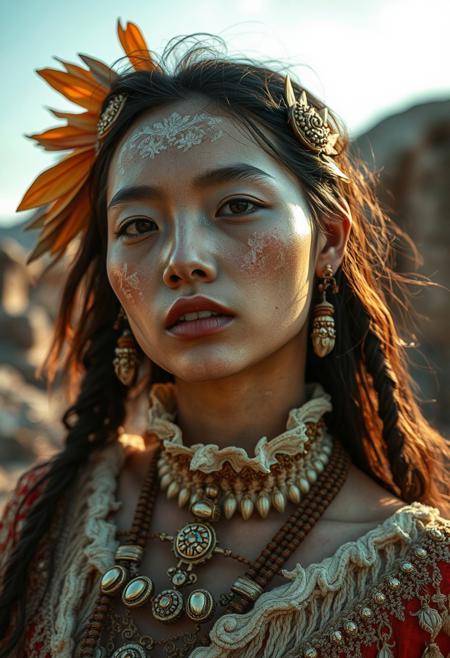 Heat waves may burn skin mid-day,, conceptual portraiture, symbolic storytelling, romantic historicism, handcrafted costume art, neoclassical drama, Indigenous identity, theatrical composition, natural landscapes, introspective emotion, elaborate set design, mythic allegory, sculptural clothing, ornate detail, wilderness and ruins, surreal self-portraiture, painterly lighting, ancestral memory, poetic visual metaphors, performative stillness, historical costume elements