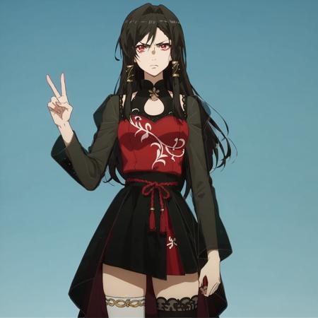 Aiyou, black hair, red eyes mismatched thighighs, dress, tranlucent black long sleeves, black short skirt, white thighigh, black thighigh,