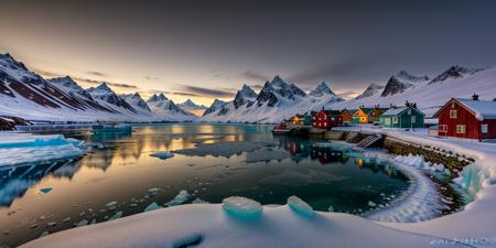 RAW photo, (masterpiece:1.3), subsurface scattering, heavy shadow, (high quality:1.4), (intricate, high detail:1.2), professional photography, HDR, High Dynamic Range, realistic, ultra realistic, photorealistic, high resolution, film photography, ambient lighting, atmospheric effects,  OverallDetail, Ice, a small Inuit village with a harbor, frozen lake, vivi, epiCPhoto