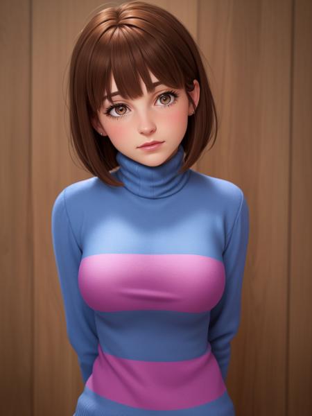 Frisk, canon, sfw, ((striped sweater)), turtleneck, shorts, boots, brown hair, short hair, bangs