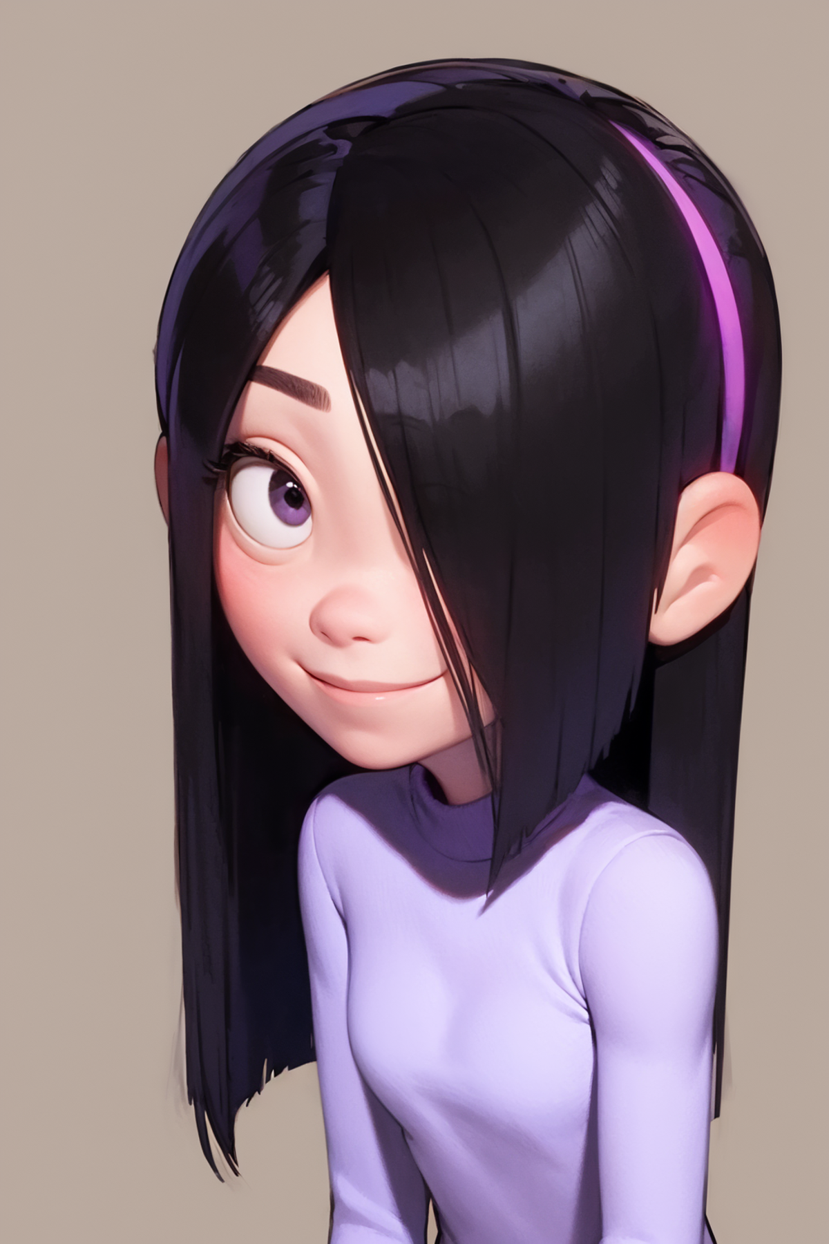 A smiling anime girl with long black hair and purple bangs.