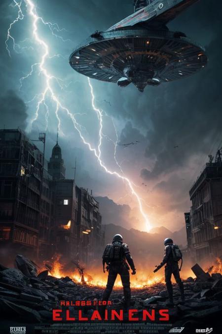 score_9, score_8_up, score_7_up, ultrarealistic movie poster, title of the film occupies a central place, bright glow emanating from behind. an intense battle scene unfolds in background, explosions, alien spacecraft, heroes bravely fighting against the invader, Flames and lightning illuminate the poster creating an atmosphere of tension and danger, <lora:more_details:0.5>