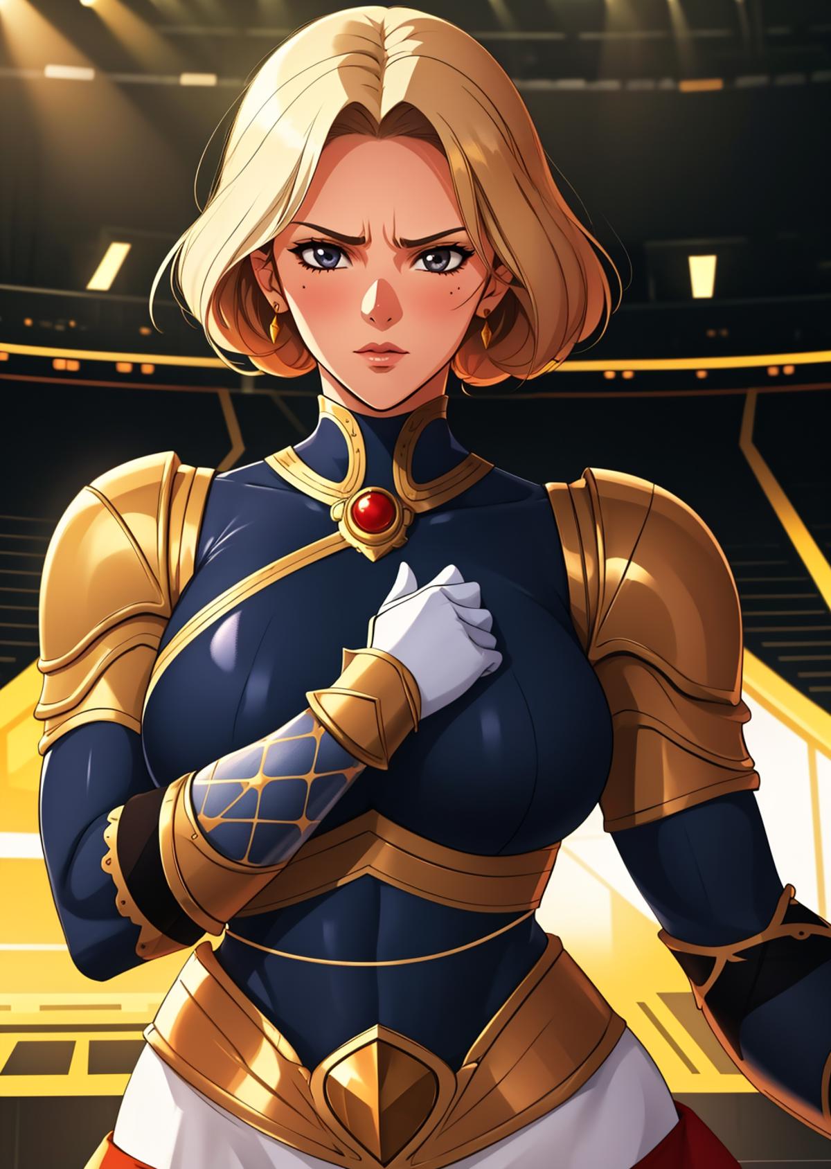 Cartoon illustration of a woman in a blue costume with a gold chestpiece and a white glove on her right hand.