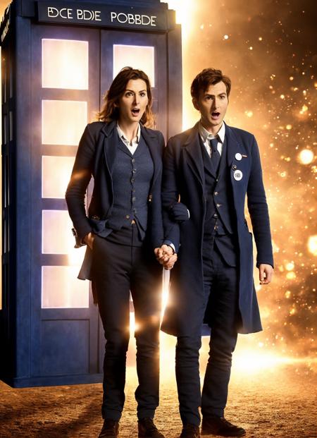 ((standing in front of the tardis)), professional photograph of (shouting sks person as doctor who, masculine, epic holding sonic screwdriver), ((standing with female companion)), (photo, studio lighting, hard light, sony a7, 50 mm, hyperrealistic, big depth of field, mate skin, pores, wrinkles, concept art, colors, hyperdetailed, hyperrealistic), ((detailed face)), (High Detail), Sharp, 8k, ((bokeh)), smiling, (epic character composition), (bokeh)