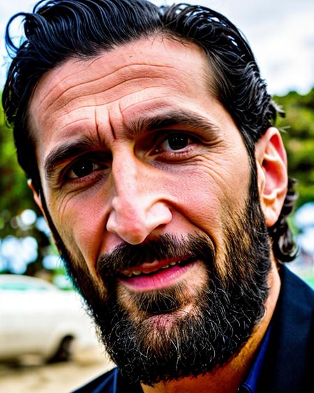 (Fares Fares:0.8) (Fares_Fares_SD15_v2-012:0.92) man, portrait photo front view, on a windy beach, nice looking, messy medium-length bluehair, 50 y.o, skin detail, natural lighting sunlight, 4k uhd, dslr, soft light, high quality, Fujifilm XT3, long beard, (closed mouth:1.2), lips, (beautiful eyes, iris, pupil:1.1)