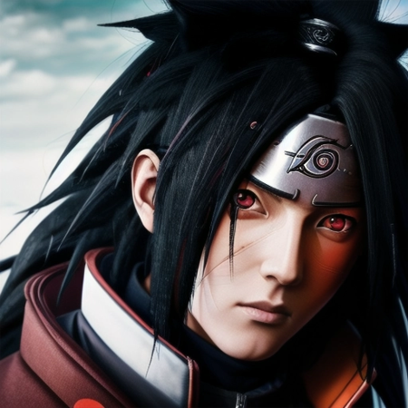 Naruto_Anime, ((uchiha Madara)), long black hairs with sharingan eyes from naruto anime, realistic image