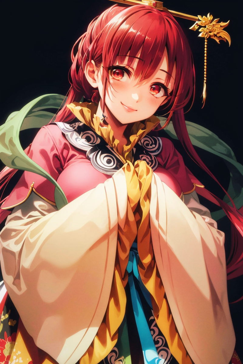Anime girl with red hair, wearing a pink kimono, smiling.