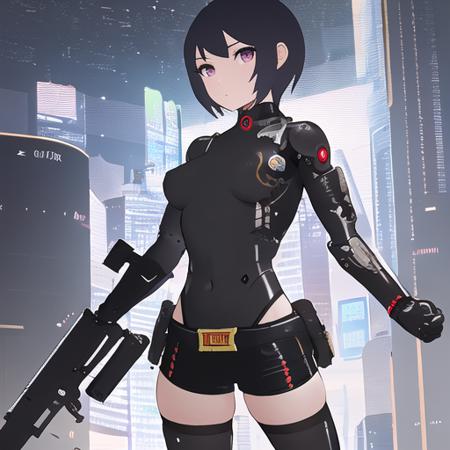 1girl, solo, bodysuit, short shorts, zettai ryouiki, looking at viewer, navel, scifi, science fiction, cyberpunk, holding weapon, cyborg, masterpiece, best quality  <lora:add_detail:-1.99>   <lora:pokfx_aesthetic_score:-2.02>