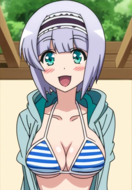 <lora:Linze_Silhoueska:0.8>, Linze_Silhoueska, 1girl, solo, breasts, looking at viewer, blush, smile, open mouth, large breasts, cleavage, swimsuit, upper body, bikini, open clothes, striped, hood, striped bikini