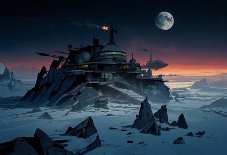 Seen from the sky, a futuristic city rises in the middle of an icy expanse. The scene takes place on another planet, as two moons are visible in the sky. The city is perched on a massive rocky spur, its architecture sleek and harmonious, made of glass and steel. A large building with a grand dome overlooks the city, and communication antennas are scattered throughout.
Space traffic is visible, with several spacecraft above and below, some docking at the city's elevated astroport. On the ground, a few mining vehicles operate. The city is surrounded by a vast frozen desert, with occasional jagged rocks protruding from the ice.
The sky remains bright as the sun sets behind us, casting a cold glow over the scene. The atmosphere is nocturnal, dominated by deep bluish tones.