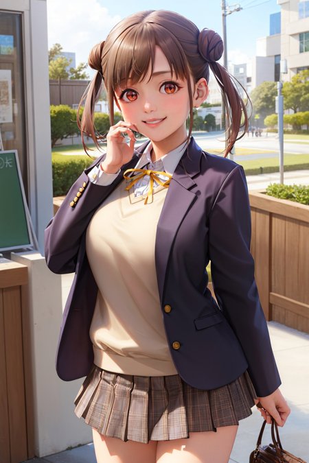 sonoda chiyoko twintails double bun red eyes school uniform jacket shirt yellow ribbon long sleeves plaid skirt