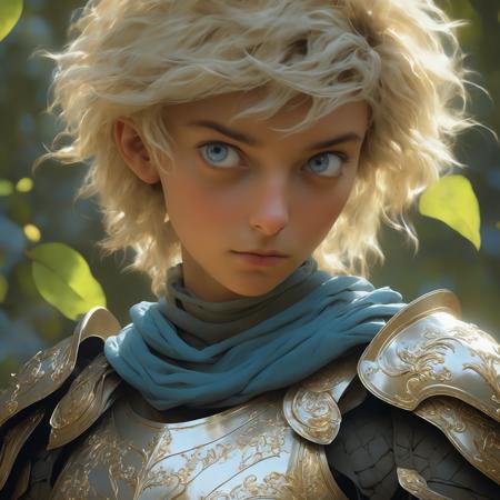 knight, short messy blond hair, blue eyes, scales, detailed armor, short hair, metallic, highly detailed paiting, ornaments, gold, nice body, hyper detailed face, unreal engine, 8k, Ultra high quality, detailed face, soft natural skin, detailed reflective eyes, sparks, airy, leaves, sunlight, sunny day, sunbeams, bright colors, fantasy, concept art, digital art, flawless eyes, flawless face, flawless, beautiful detailed eyes, hyperdetailed face, complex, golden ratio