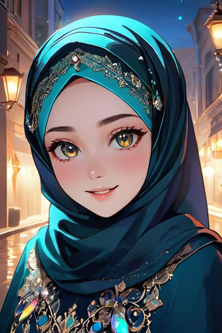 close up of a young woman,she wear a hijab with beautiful ornaments,a long dress,
very glossy skin,smile,big eyes,dezent make up,antasy art,digital art,delicate lines and textures,realistic and rich art,
detailed face and eyes,blurred  night city background,surrealism,cinematic,rough shadows,vivid colors,Rich colors,light and shadow,three-dimensional lighting,combination of various colors and shades,volume lighting,Film light,dynamic lighting,good anatomy,intricate details,highly details.,Broken Glass effect,no background,stunning,something that even doesn't exist,mythical being,energy,molecular,textures,iridescent and luminescent scales,breathtaking beauty,pure perfection,divine presence,unforgettable,impressive,breathtaking beauty,Volumetric light,auras,rays,vivid colors reflects,