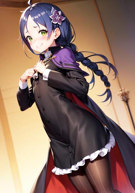 a masterpiece illustration of (Meili20s:1.0) standing, 1girl, solo, best quality, meili portroute from re\:zero kara hajimeru isekai seikatsu, official art, game cg, realistic, detailed, ultra-detailed, solo, solo focus, 1girl, braid, ascot, (single braid), cape, capelet, dress, tight, (black dress), solo focus, hair ornament, her hair ornament is a purple four petaled flower, blue hair, long hair, (striped pantyhose, ), pantyhose, striped, striped legwear, green eyes, embarrassed, looking at viewer, lying, frills, frilled dress, frilled skirt, frilled sleeves, [[fur trim]], (nose, ), long sleeves, red lined cape, five fingers, detailed hands, skinny, tall female, flat chest, [[small breasts]],(buttons:0.5), jewelry, necklace, pendant, tearing up, (3d:0.8), tsurime, smile, cute,