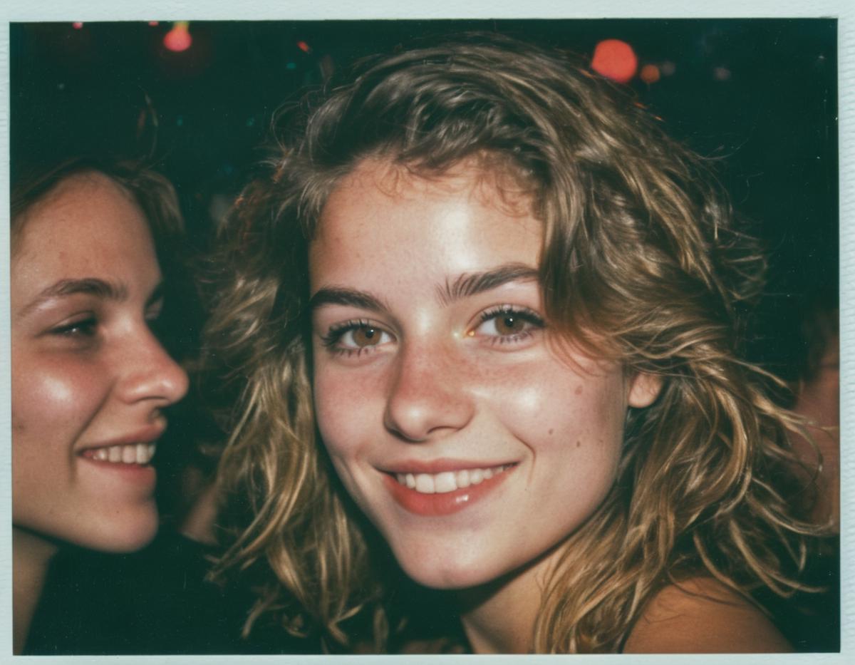 Two pretty young women smiling and one of them is looking at the other.