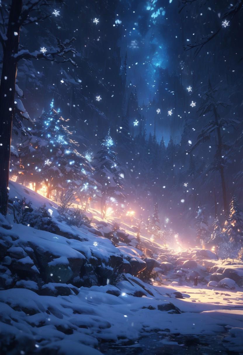 Masterpiece, HD, 4K, scenery, landscape, long view, long shot, cinematic view, cinematic lighting, snow scenery, snow flakes, glowing snow flakes, glowing blue lights, frozen trees, nighttime, night