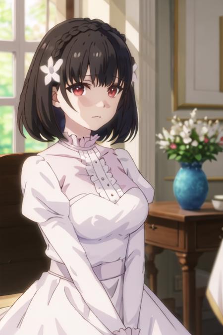 best quality, masterpiece, highres, solo, {lainie_cyan_tenseioujototensaireijounomahoukakumei:1.15}, black_hair, short_hair, hair_ornament, bangs, flower, hair_flower, braid, crown_braid, blurry, red_eyes, 1girl, blurry_background, shirt, white_shirt, white_flower, anime_coloring, parody, upper_body, portrait, looking_at_viewer, indoors, frills, bob_cut, closed_mouth, dress