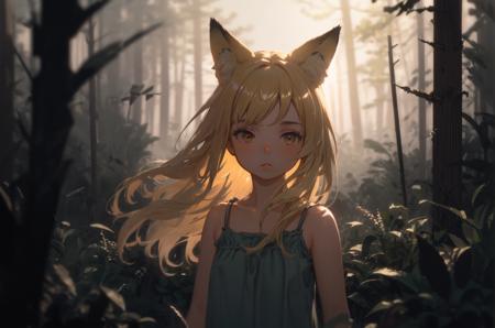 masterpiece, cinematic composition, cinematic lighting, bokeh, depth of field, bloom, shine, moody lighting, 1girl, fox ears, upper body, blonde hair, long hair, straight hair, parted bangs, lips, sundress, summer, forest