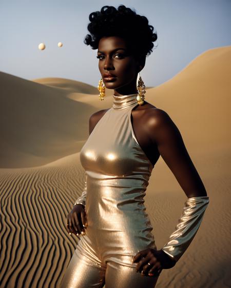 a woman in a shiny suit standing in the desert , 1girl, breasts, short hair, large breasts, black hair, 1boy, jewelry, earrings, dark skin, dark-skinned female, lips, bodysuit, parody, hoop earrings, very short hair, very dark skin, gold bikini