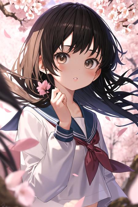 <lora:ryota:1>1girl, solo, serafuku, petals, neckerchief, shirt, bangs, flower, branch, wind, outdoors, blurry, long hair, brown hair, school uniform, brown eyes, cherry blossoms, looking at viewer, sailor collar, parted lips, long sleeves, red neckerchief, upper body, white shirt, hand up, floating hair