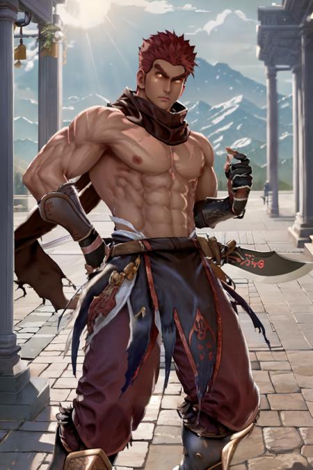 1guy, DHWANG, dark skin, red hair, red eyes, yellow iris, yellow pupils, brown scarf, chest cross scar, topless male, armored wristbands, brown gloves, brown loincloth, red korean pants, belt, sword, chinese sword, armored boots,