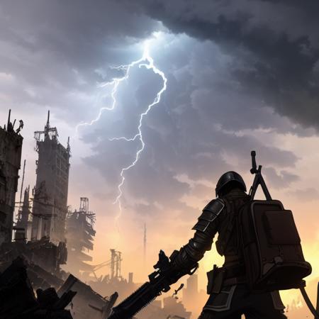 A bandit wearing dystopian armor stands atop a crumbling skyscraper, surveying the chaos of the ravaged city below. In the distance, flames lick at the remains of a factory, while a group of rebels fights against a group of heavily armed soldiers. The bandit's face is shrouded in shadow, but the glint of their armor suggests they are not to be trifled with. In the background, a storm rages on, lightning illuminating the sky as the bandit contemplates their next move. The scene is captured in stunning 8k resolution, the intricate details of the armor and the destruction brought on by the dystopian world brought to life by the skilled hand of artist Eddy Li. The piece is rendered in Unreal Engine, adding to the hyper realistic feel of the scene. A true masterpiece, this image captures the essence of the chaotic and dangerous world of the dystopian bandit.