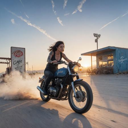 Ink illustration, wide angle, a woman drives a cafe racer toward the sunset, from behind, trailing dust, desert filling station, blue and gray, flashing lights, mayhem, asymmetrical fractals, ink splatters, ink runs, ink spots, faded ink, ink stains, linquivera