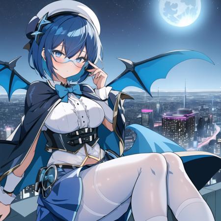 1girl, lillaevil, blue hair, blue eyes, short hair, black capelet, skirt, white pantyhose, blue demon wings, blue-tinted eyewear, mini hat, outdoors, city, night sky, blue ambient lighting, cyberpunk, moon, <lora:lillav3:1>