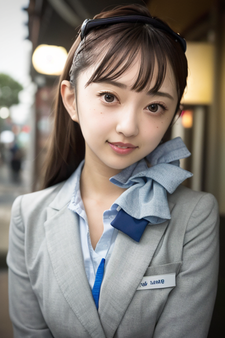 wearing gray anauniform with blue ribbon on neck,(RAW photo, best quality), (realistic, photo-realistic:1.4), masterpiece, an extremely delicate and beautiful, extremely detailed, 2k wallpaper, Amazing, finely detail, extremely detailed CG unity 8k wallpaper, ultra-detailed, highres, soft light, beautiful detailed girl, extremely detailed eyes and face, beautiful detailed nose, beautiful detailed eyes,cinematic lighting,city lights at night,perfect anatomy,1girl