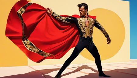 dramatic matador in ornate gold-embroidered jacket, tight black pants, looking down to his left with intense concentration, holding a red cape swirling dramatically around him, graceful dancer-like pose, one arm extended holding cape, body twisted in elegant motion, traditional Spanish bullfighter outfit,, vibrant acrylic painting style, bold flat colors, clean geometric compositions, bright California sunlight, crisp shadows,  saturated color palette, smooth gradients, minimal detail work, contemporary pop art influence, architectural precision, optimistic 1960s atmosphere,