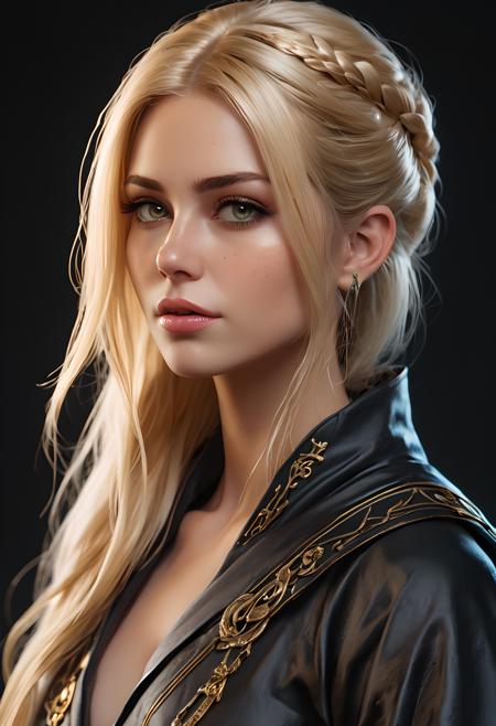 fantasy setting,(ultra realistic:1.3),(best quality:1.3),(illustration:1.1),(hyper detailed:1.1),(high quality:1.1),masterpiece,pale skin,close portrait,beautiful sorceress,(tattoo:1.3),(solo:1.1),(mage robes:0.9),(8k:1),colourful,(digital-painting:1.1),detailed face and eyes,young,silver accessories,(soft freckles:1.2),(blonde long hair:1.1),straight hair,(green eyes:1.2),(magical weapon:1.1),(fantasy village:0.9),(3/4 pose:1.5),(dynamic pose:1.2),(fixl-art:0.9),(perfect body:0.9),(cinematic lighting:1),(silver jewellery:1),<lora:elementalist:1>,
