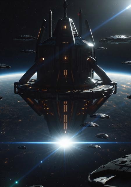 A colossal Hive Carrier spaceship hovering in deep space, its design blending Dune-style brutalist mega-architecture with intricate Gothic-mechanical detailing — towering spires, ribbed hulls, dark cathedral-like plating, vast hive-like hangars emitting eerie light. Swarms of smaller vessels orbit its silhouette. Scene lit with cinematic contrast, low-key lighting, strong shadows, and a cold cosmic color palette. Background features a starfield with nebulas and a distant dying sun. Camera angle from below, dramatic lens flare, cinematic atmosphere. Hyper-realistic, 3D render, 4K resolution.