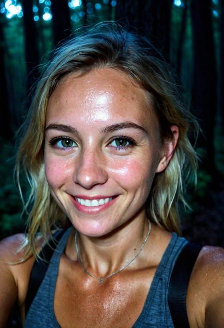 RAW photo, middle aged blonde woman at night in the wood, selfie, dressed for trekking, summer, very hot weather, sweaty, jungle, smiling, at night, very dark, analog, natural skin details, infrared photography, harsh flash, grainy, ((motion blur)), walking, tired, raining, messy
, night time, at dusk, low lit, detailmaster2,
(((motion blur))), full body, from below, KNWLS, wide shot, distance, full-body, outside, unbalanced face, full body, highly detailed, dry skin, skin pores, looking away, detailed, run, analog, 50mm Leica, undershot, low shutter speed, super realistic, contrast, imperfect skin, soft light, (((side light))), dry skin, freckles, black fabric, wind, strangle, outdoor, High Fashion, model, vogue, RAW, contrast, 8k,
BREAK 
fulll body, distant shot, overshot, top shot, highly detailed, orgasm, sun, multi mixed race, dry skin, skin pores, looking away, detailed, run, ((((analog)))), ((((low shutter speed)))), (((double exposure))) super realistic, contrast, imperfect, hard light, (((side light))), wind, strangle, agitated, High Fashion, model, vogue, RAW, contrast, androgynous, 8k, (natural skin texture, hyperrealism, soft light, sharp), (freckles:0.3), (acne:0.3), (messy hair:0.1), Cannon EOS 5D Mark III, 85mm, photo r3al, Extremely Realistic