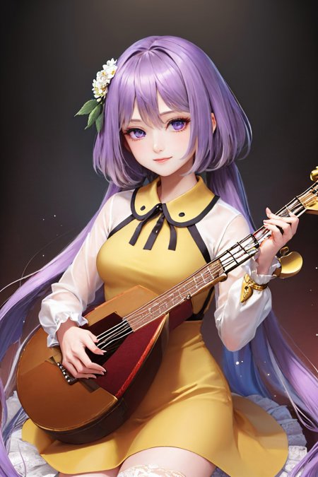 tsukumo benben holding instrument lute \(instrument\) twintails hair flower dress long sleeves