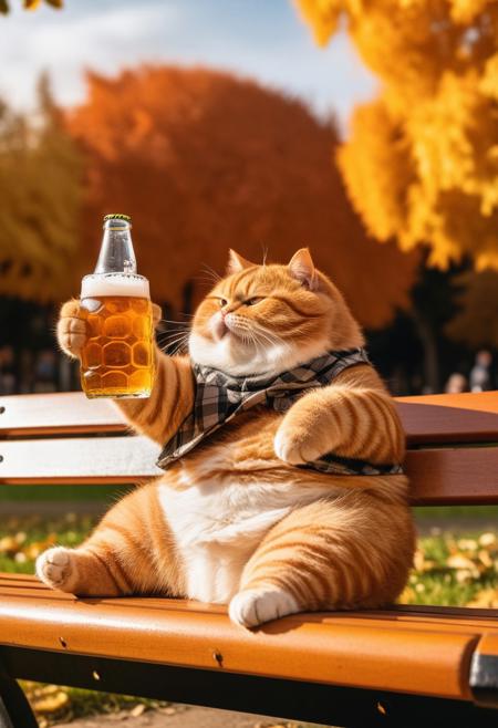 anthropomorphic Fat chubby ginger cat sitting on park bench and drinking beer in park, holding beer bottle with paw, dynamic angle, warm hues, realistic, photorealism, hd, 8k, high definition, BREAK, score_9, score_8_up, score_7_up, score_6_up