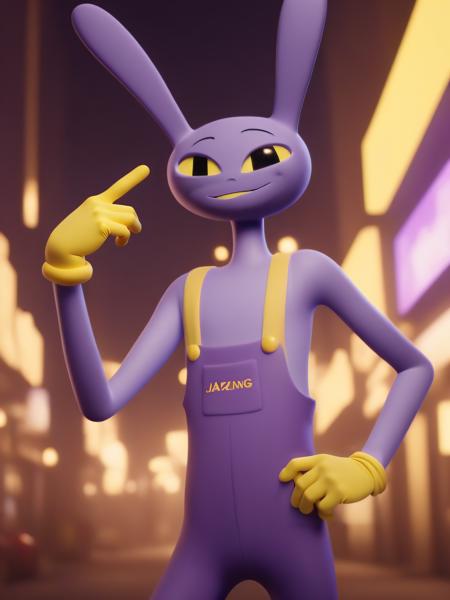 JaxAmazing , bunny man , purple fur , yellow gloves, purple overalls, naked overalls ,  <lora:JaxAmazingSDXL-000007:0.8>