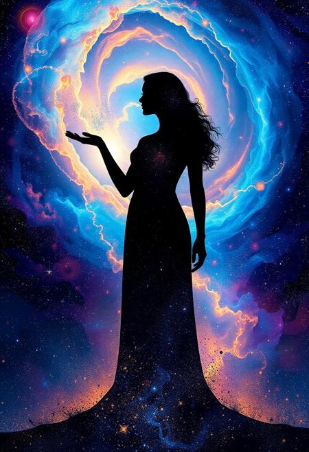 A lone female figure stands silhouetted against a swirling nebula, her form composed of stardust and cosmic energy. She extends a hand towards a distant, shimmering galaxy, her eyes reflecting the light of a thousand stars. The scene is awash in iridescent blues, purples, and golds, creating a dreamlike and otherworldly atmosphere. Inspired by the cosmic art of Alex Grey and the ethereal portraits of Conrad Roset, with a touch of the abstract expressionism of Jeremy Mann, resulting in a hyperdetailed, photoillustration with amazing depth and super dramatic light.
