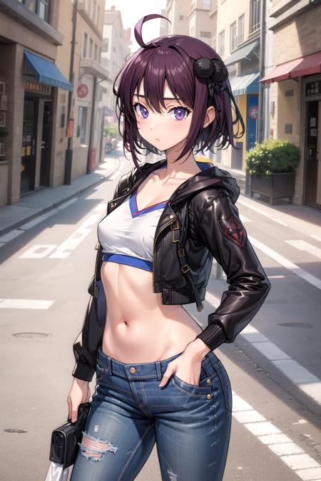 1girl, masterpiece, best quality, highly detailed, illustration, nanjou ran, outdoors, street, crop top, jeans, ahoge, small breasts, <lora:Ran:0.7>