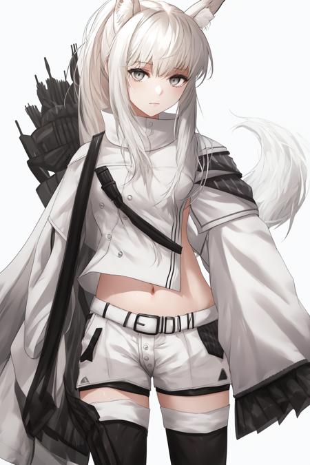 <lora:Platinum:1>, platinum, 1girl, platinum (arknights), solo, animal ears, shorts, white background, simple background, long hair, white shorts, horse ears, thighhighs, tail, white hair, looking at viewer, animal ear fluff, midriff, weapon, cowboy shot, horse girl, bangs, closed mouth, bow (weapon), horse tail, belt, ponytail, navel, grey eyes, short shorts, white jacket, standing, long sleeves, white shirt, sidelocks, shirt, white thighhighs, crop top, holding, wide sleeves, jacket,