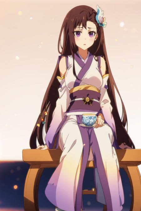1girl,brown hair,long hair, light purple hanfu,detached sleeves,(bule hair ornament:0.5),(cleavage:0.5),