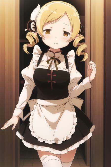 tomoe_mami, maid, skirt, white_apron , white shirt, white sleeves ,