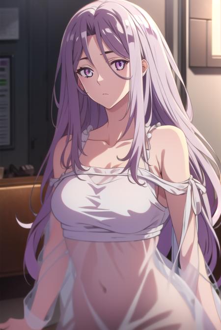 tokime, purple hair, (purple eyes:1.1), long hair, dress, bare shoulders, white dress,