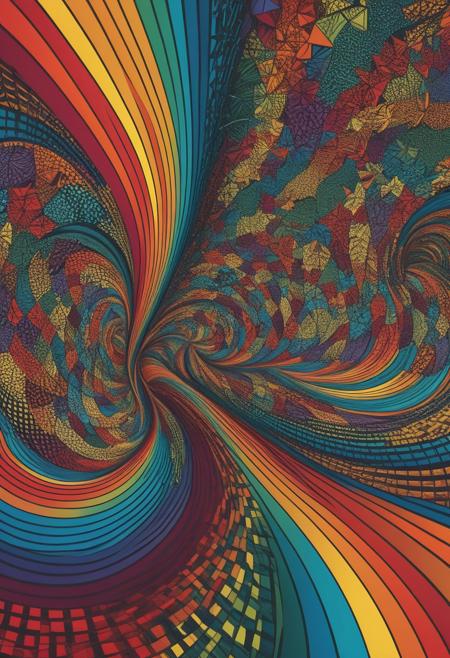 Speculative colorful, pop-art style piece symbolizing the breaking of barriers in sports, abstract vector fractal, wave function, Zentangle, 3D shading, Maurits Cornelis Escher, symmetrical, maximalist, rainbow, laser art